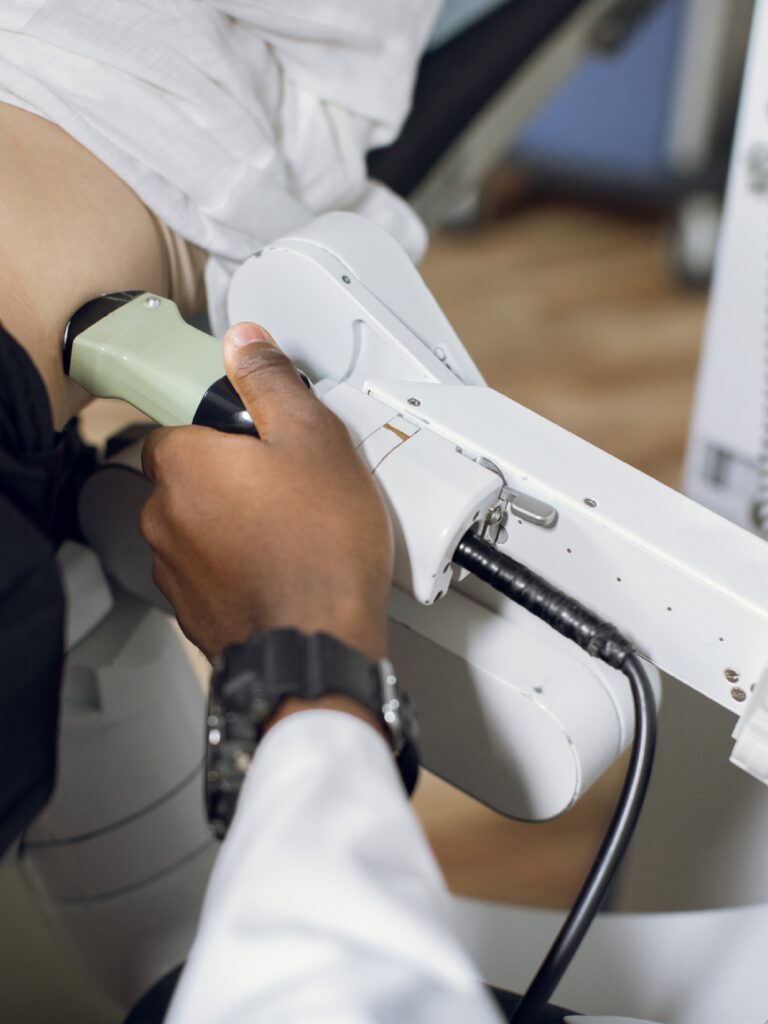 A patient having a kidney stone test in the  Nephrology clinic area at Eaton Rapids Medical Center